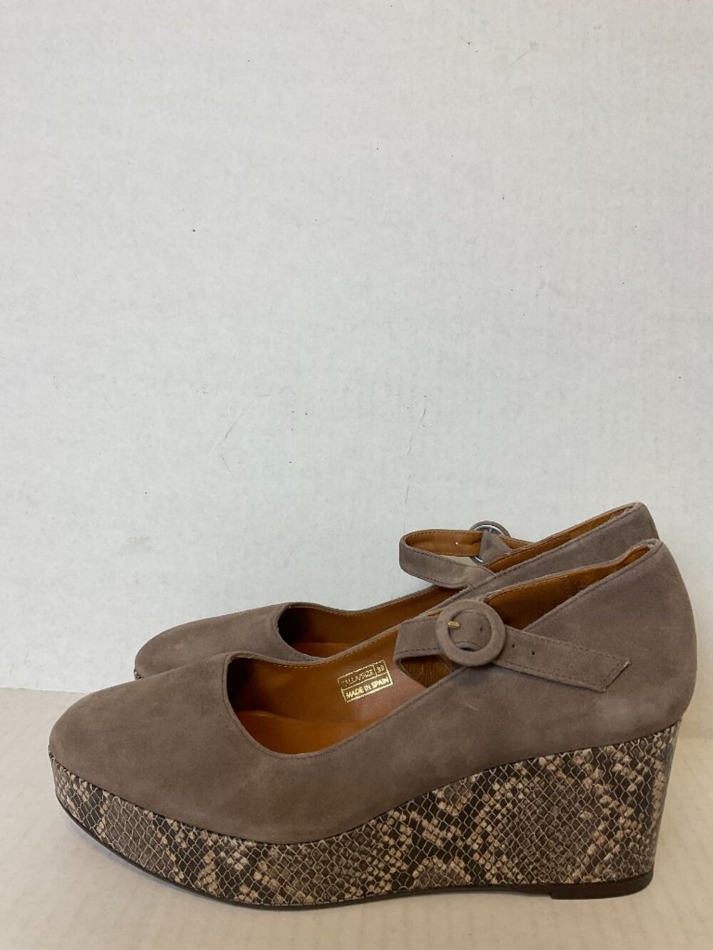 Castaner Wedge Platforms Mary Janes Shoes 39 Taupe Brown Snakeprint Suede